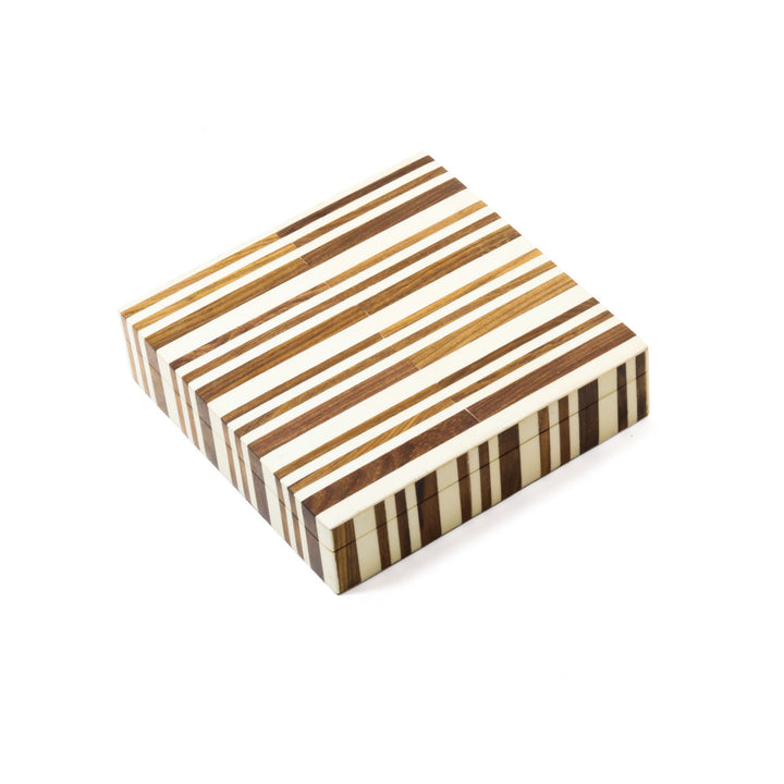 Clara Box QR-20170.BRWNCRM.0 by CuratedKravet CuratedKravet A square brown and cream decorative resin box featuring a striped pattern of varying thicknesses. India DUST LIGHTLY WITH A SOFT, DRY CLOTH. </p><p>Dimensions: Length 8, Height 2, Width 8 Mdf - 50%, Poly Resin - 50% - Fabric Carolina -