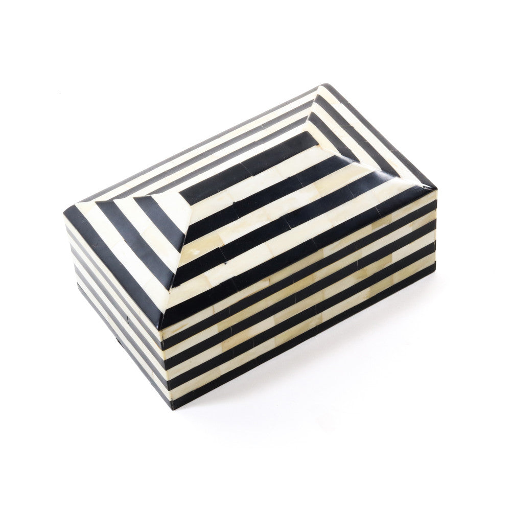 James Box QR-20172.IVRYBLK.0 by CuratedKravet CuratedKravet An ivory and black striped decorative resin and bone box. India DUST LIGHTLY WITH A SOFT, DRY CLOTH. </p><p>Dimensions: Length 10, Height 4, Width 6 Mdf - 34%, Bone - 33%, Poly Resin - 33% - Fabric Carolina -
