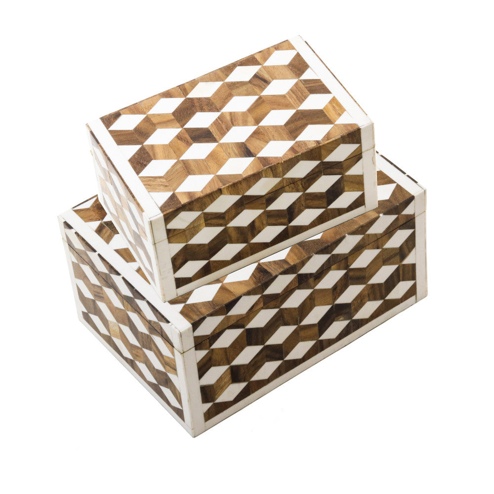 Lula Box Set QR-20176.IVRYBRWN.0 by CuratedKravet CuratedKravet A set of 2 ivory and brown decorative boxes featuring a playful seemingly 3-dimensional pattern. Small: 8"L x 5"W x 2"H; Large: 9"L x 5"W x 2"H. India DUST LIGHTLY WITH A SOFT, DRY CLOTH. </p><p>Dimensions: Length , Height , Width Mdf - 50%, Poly Resin - 50% - Fabric Carolina -