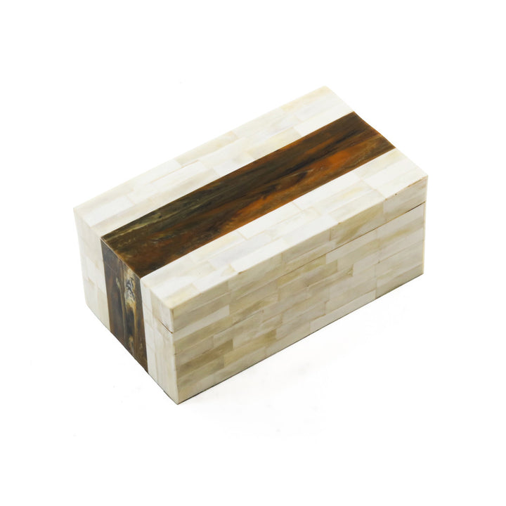 Fannie Box QR-20177.IVRYBRWN.0 by CuratedKravet CuratedKravet An ivory and brown decorative bone box featuring a contrasting stripe across the center and top. India DUST LIGHTLY WITH A SOFT, DRY CLOTH. </p><p>Dimensions: Length 9, Height 4, Width 5 Bone - 50%, Mdf - 50% - Fabric Carolina -