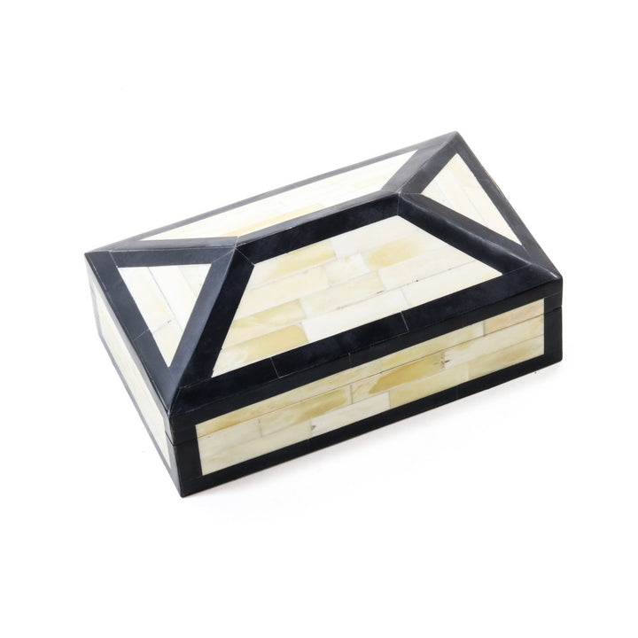 Irene Box QR-20179.IVRYBLK.0 by CuratedKravet CuratedKravet An ivory and black decorative box made of bone and resin. India DUST LIGHTLY WITH A SOFT, DRY CLOTH. </p><p>Dimensions: Length 10, Height 3, Width 6 Mdf - 34%, Bone - 33%, Poly Resin - 33% - Fabric Carolina -