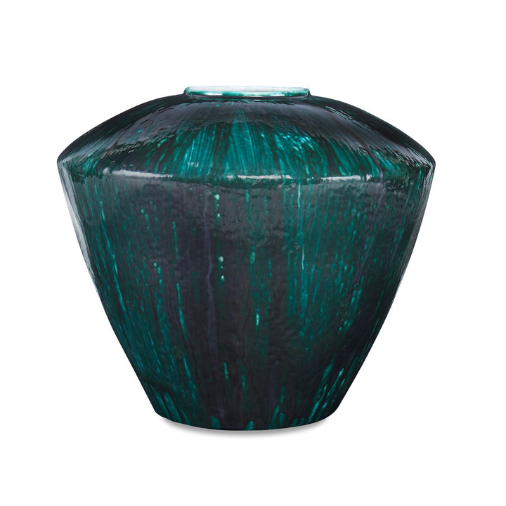 Moshier Vase QR-20215.PEACOCK.0 by CuratedKravet CuratedKravet A wide, round ceramic pot featuring a unique drippy glaze in a deep peacock color. Each piece is one of a kind. Made in the USA. This item is decorative and not meant to hold water or food. United States DUST LIGHTLY WITH A SOFT, DRY CLOTH. </p><p>Dimensions: Length 14, Height 12, Width 14 Ceramic - 100% - Fabric Carolina -