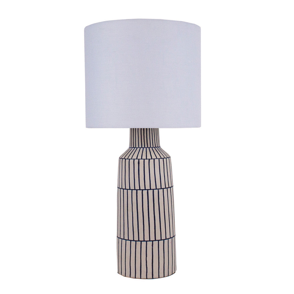 Evelyne Table Lamp QR-20227.BLUEWHT.0 by CuratedKravet CuratedKravet A blue and white patterned ceramic table lamp. Topped with a white cotton shade. Thailand DUST LIGHTLY WITH A SOFT, DRY CLOTH. </p><p>Dimensions: Length 10.5, Height 23, Width 10.5 Ceramic - 70%, Cotton - 25%, Metal - 5% - Fabric Carolina -