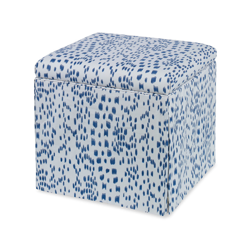Roman Storage Ottoman, Les Touches QR-20286.BLUE.0 by CuratedKravet CuratedKravet A decorative and functional skirted storage ottoman upholstered in Brunschwig & Fils 8012138.5.0. United States </p><p>Dimensions: Length 20, Height 19, Width 20 - Fabric Carolina -