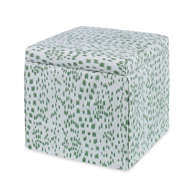 Roman Storage Ottoman, Les Touches QR-20286.GREEN.0 by CuratedKravet CuratedKravet A decorative and functional skirted storage ottoman upholstered in Brunschwig & Fils 8012138.3.0. United States </p><p>Dimensions: Length 20, Height 19, Width 20 - Fabric Carolina -