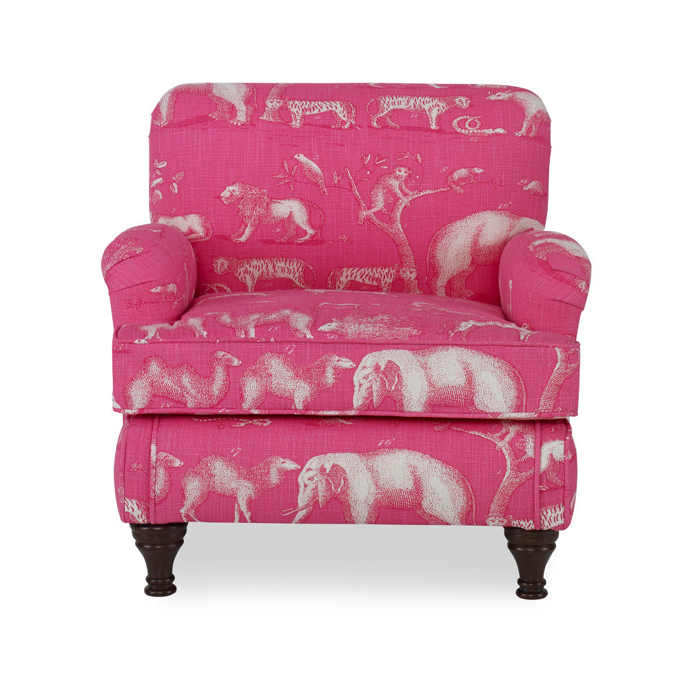 Senna Kids Chair QR-20298.PARADISE.0 by CuratedKravet CuratedKravet Part of the CuratedKravet children's furniture collection, this armchair is upholstered in Kravet's AM100291.7, featuring a whimsical safari animal pattern. Detailed with espresso turned wood legs. Suggested weight limit is 50 lbs. United States </p><p>Dimensions: Length 24, Height 22, Width 21 - Fabric Carolina -