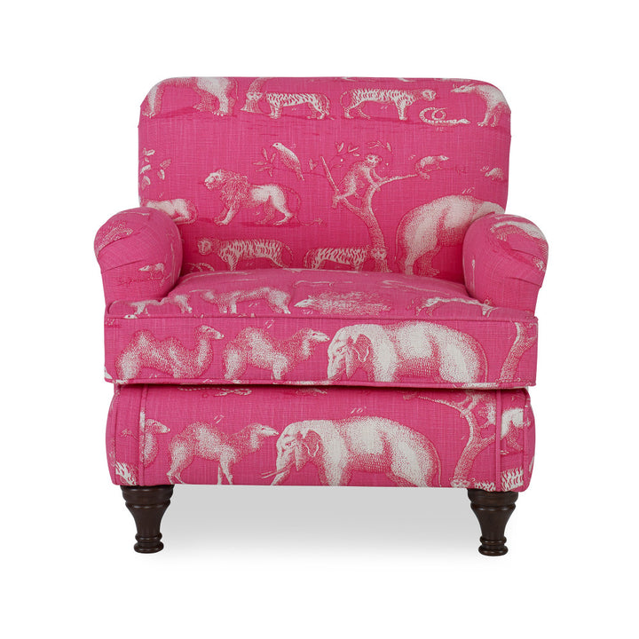 Senna Kids Chair QR-20298.PARADISE.0 by CuratedKravet CuratedKravet Part of the CuratedKravet children's furniture collection, this armchair is upholstered in Kravet's AM100291.7, featuring a whimsical safari animal pattern. Detailed with espresso turned wood legs. Suggested weight limit is 50 lbs. United States </p><p>Dimensions: Length 24, Height 22, Width 21 - Fabric Carolina -