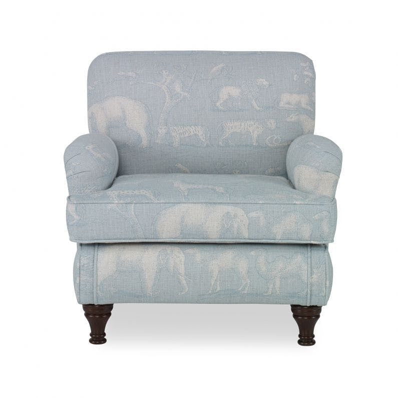 Senna Kids Chair QR-20298.POWDER.0 by CuratedKravet CuratedKravet Part of the CuratedKravet children's furniture collection, this armchair is upholstered in Kravet's AM100291.15, featuring a whimsical safari animal pattern. Detailed with espresso turned wood legs. Suggested weight limit is 50 lbs. This chair is CPSIA compliant. United States </p><p>Dimensions: Length 24, Height 22, Width 21 - Fabric Carolina -