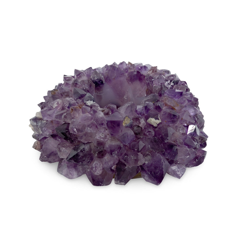 Zia Amethyst Votive, Large QR-20327.PURPLE.0 by CuratedKravet CuratedKravet Candleholder made of points of natural amethyst, drilled with a hole for 2.25 inch diameter candle. Soft felt bottom. Due to the use of natural materials, variation is to be expected. Brazil </p><p>Dimensions: Length 7, Height 3, Width 7 Crystal Stone - 100% - Fabric Carolina -