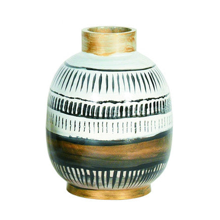 Thelma Vase QR-20438.WHTBLKBRN.0 by CuratedKravet CuratedKravet A decorative wooden vase detailed with a black, white and gold handpainted pattern. China DUST LIGHTLY WITH A SOFT, DRY CLOTH. </p><p>Dimensions: Length 9, Height 11.75, Width 9 Wood - 100% - Fabric Carolina -