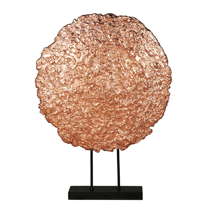Jeffords Sculpture QR-20444.CPPRBLK.0 by CuratedKravet CuratedKravet An oversized decorative sculpture featuring a metal-like copper finish, mounted on a black wooden base. China DUST LIGHTLY WITH A SOFT, DRY CLOTH. </p><p>Dimensions: Length 26, Height 35, Width 6 Poly Resin - 60%, Wood - 40% - Fabric Carolina -