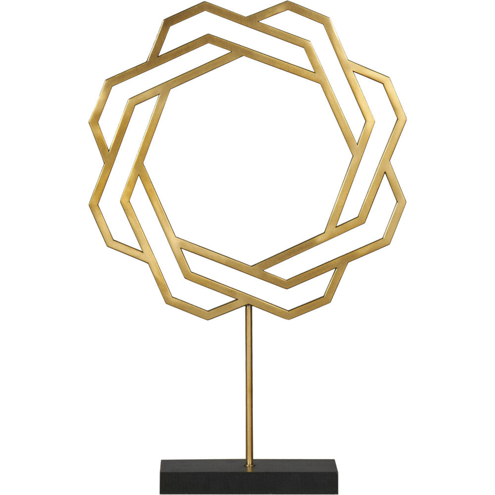 Kaiser Sculpture QR-20445.GOLDBLK.0 by CuratedKravet CuratedKravet A decorative gold stainless steel sculpture, mounted on a black wooden base. China DUST LIGHTLY WITH A SOFT, DRY CLOTH. </p><p>Dimensions: Length 14, Height 22, Width 4 Stainless Steel - 60%, Wood - 40% - Fabric Carolina -