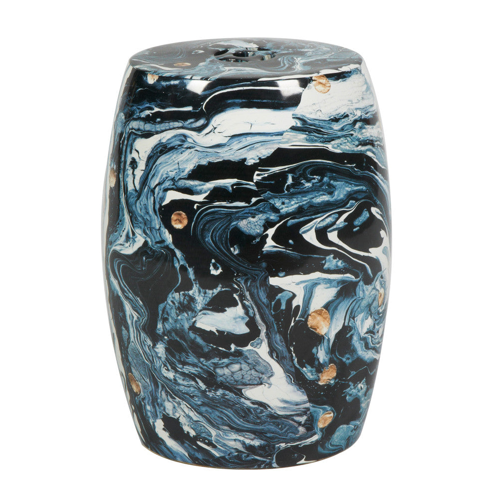 Nitin Stool QR-20455.BLKMULTI.0 by CuratedKravet CuratedKravet A porcelain garden stool featuring a marble-like patten in various blues, blacks, whites, and pops of gold. China DUST LIGHTLY WITH A SOFT, DRY CLOTH. </p><p>Dimensions: Length 13, Height 18, Width 13 - Fabric Carolina -