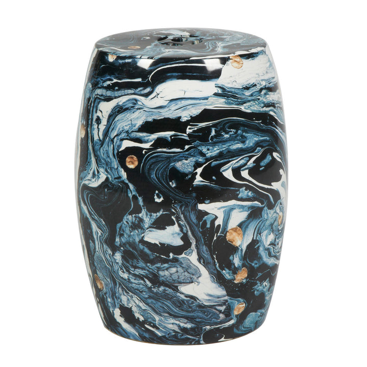 Nitin Stool QR-20455.BLKMULTI.0 by CuratedKravet CuratedKravet A porcelain garden stool featuring a marble-like patten in various blues, blacks, whites, and pops of gold. China DUST LIGHTLY WITH A SOFT, DRY CLOTH. </p><p>Dimensions: Length 13, Height 18, Width 13 - Fabric Carolina -
