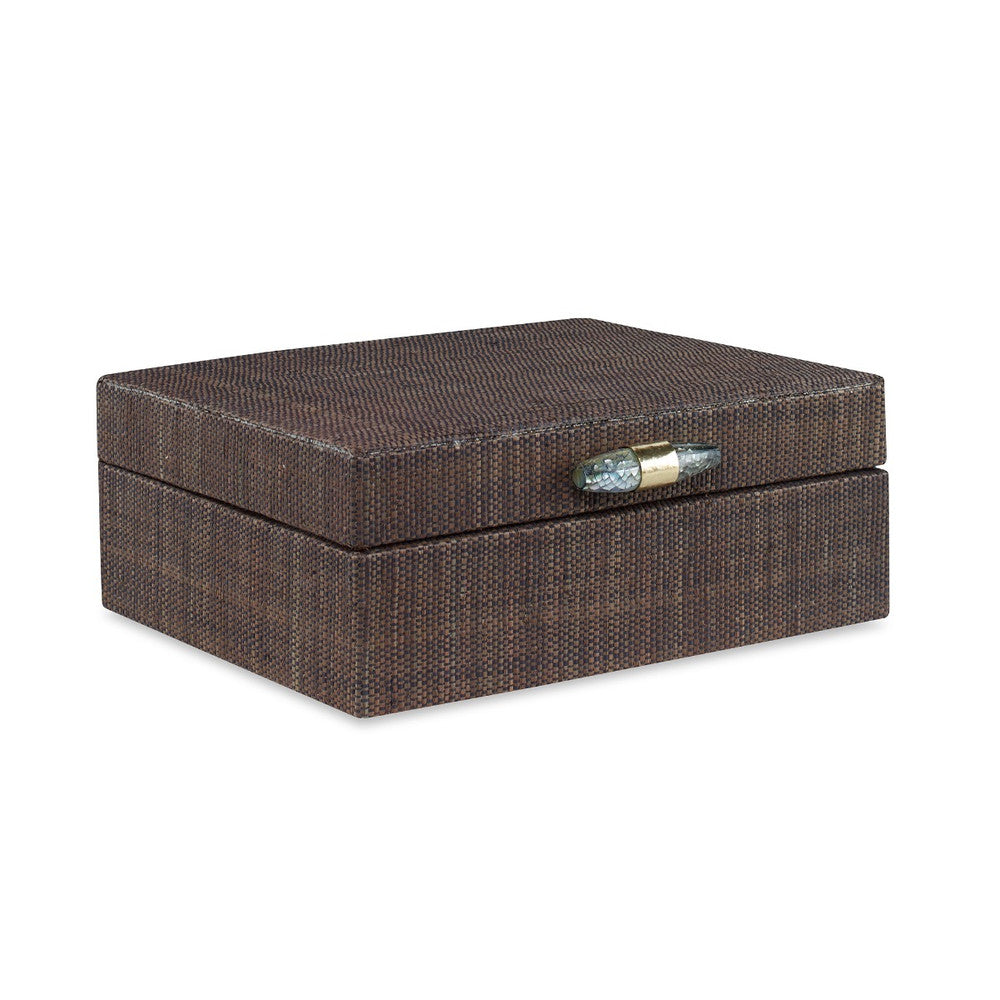 Bluffton Box QR-20768.BLUEBGE.0 by CuratedKravet CuratedKravet A decorative hinged box made of a hand woven, natural plant fiber material. The box is adorned with a decorative shell accent and lined with gray velvet. Due to the natural material, variation in color is to be expected. Philippines Dust lightly with a soft, dry cloth. </p><p>Dimensions: Length 12.5, Height 4.5, Width 10 - Fabric Carolina -