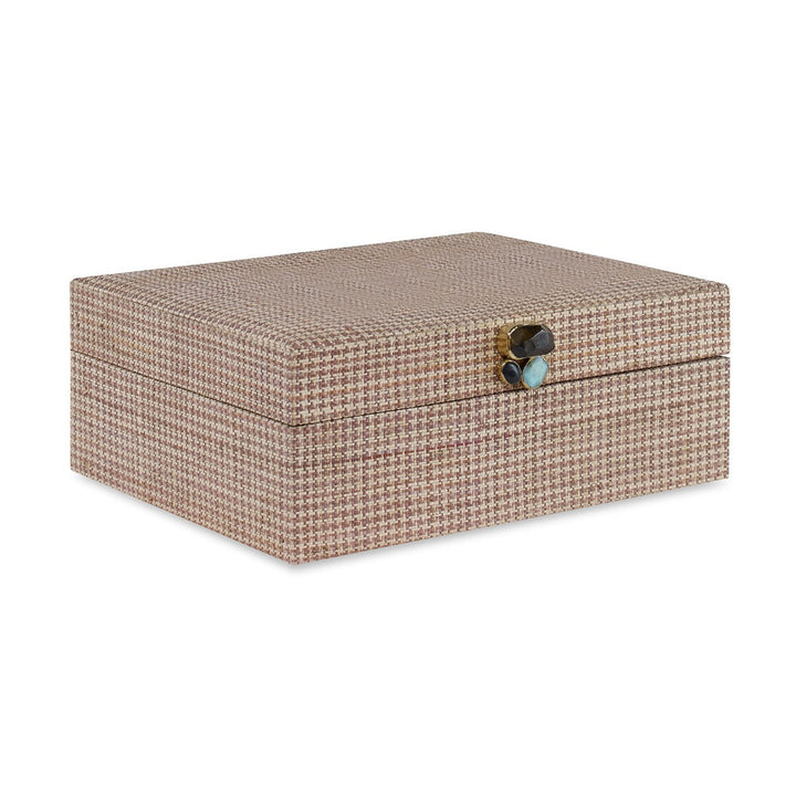 Woodlawn Box QR-20789.BROWN.0 by CuratedKravet CuratedKravet A decorative hinged box made of a hand woven, natural plant fiber material in a brown and beige houndstooth pattern. The box is adorned with a cluster of natural stone accents and lined with gray velvet. Due to the natural material, variation in color is to be expected. Philippines DUST LIGHTLY WITH A SOFT, DRY CLOTH. </p><p>Dimensions: Length 12.5, Height 4.5, Width 10 - Fabric Carolina -