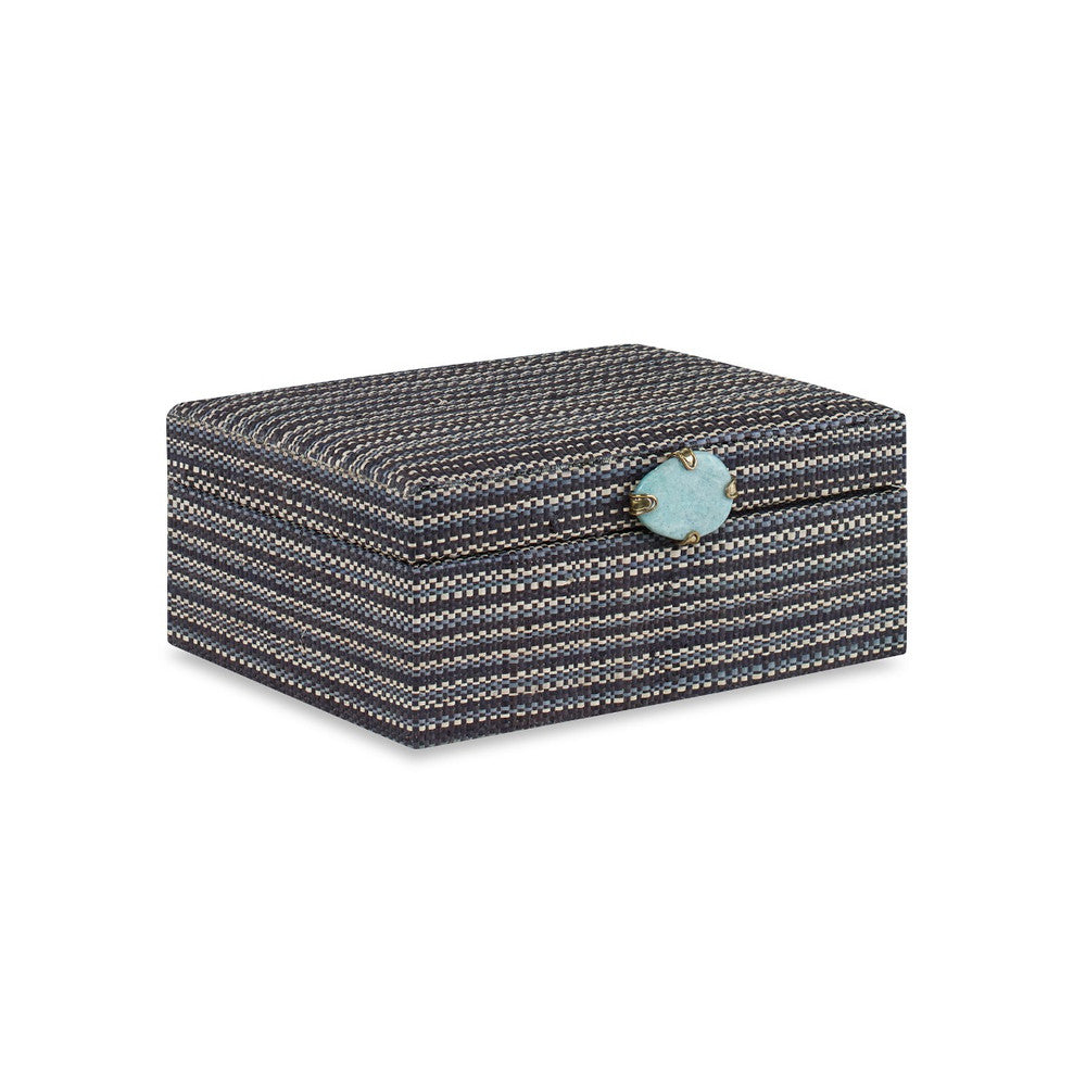 Chatham Box, Small QR-20790.BLKBLU.0 by CuratedKravet CuratedKravet A decorative hinged box made of a hand woven, natural plant fiber material detailed with contrasting stripes of creams, blacks, and blues. The box is adorned with a natural turquoise stone accent. Philippines DUST LIGHTLY WITH A SOFT, DRY CLOTH. </p><p>Dimensions: Length 9, Height 3.5, Width 7 - Fabric Carolina -