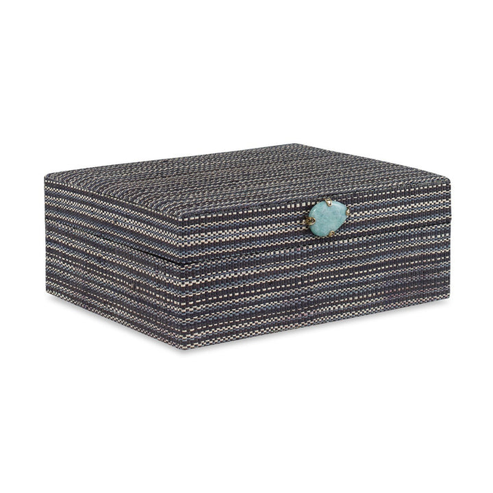 Chatham Box, Large QR-20792.BLKBLU.0 by CuratedKravet CuratedKravet A decorative hinged box made of a hand woven, natural plant fiber material detailed with contrasting stripes of creams, blacks, and blues. The box is adorned with a natural turquoise stone accent. Philippines DUST LIGHTLY WITH A SOFT, DRY CLOTH. </p><p>Dimensions: Length 12.5, Height 4.5, Width 10 - Fabric Carolina -