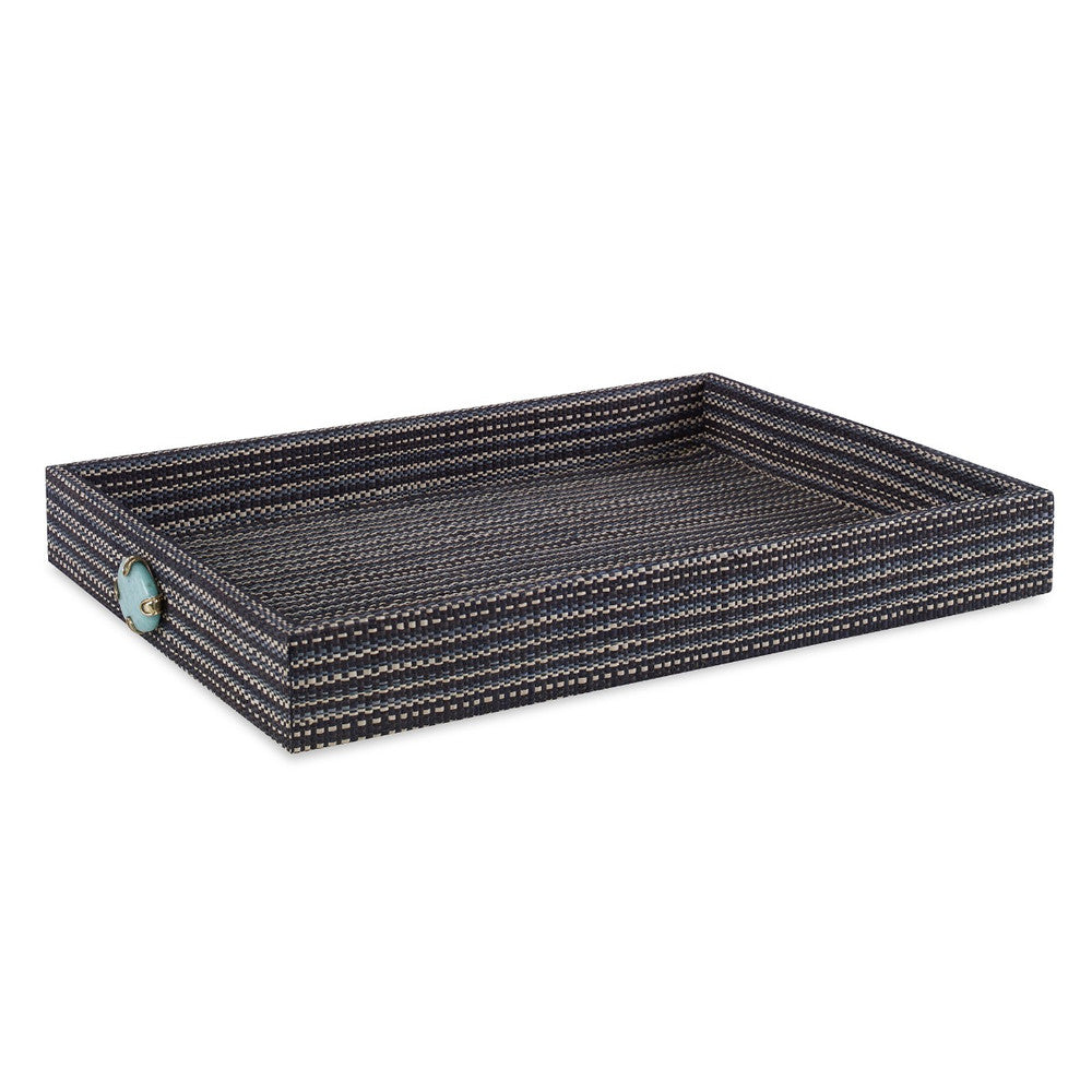 Chatham Tray, Small QR-20799.BLKBLU.0 by CuratedKravet CuratedKravet A decorative tray made of a hand woven, natural plant fiber material detailed with contrasting stripes of creams, blacks, and blues. The tray is adorned with a natural turquoise stone handle on both ends. Philippines DUST LIGHTLY WITH A SOFT, DRY CLOTH. </p><p>Dimensions: Length 16, Height 2, Width 12 - Fabric Carolina -
