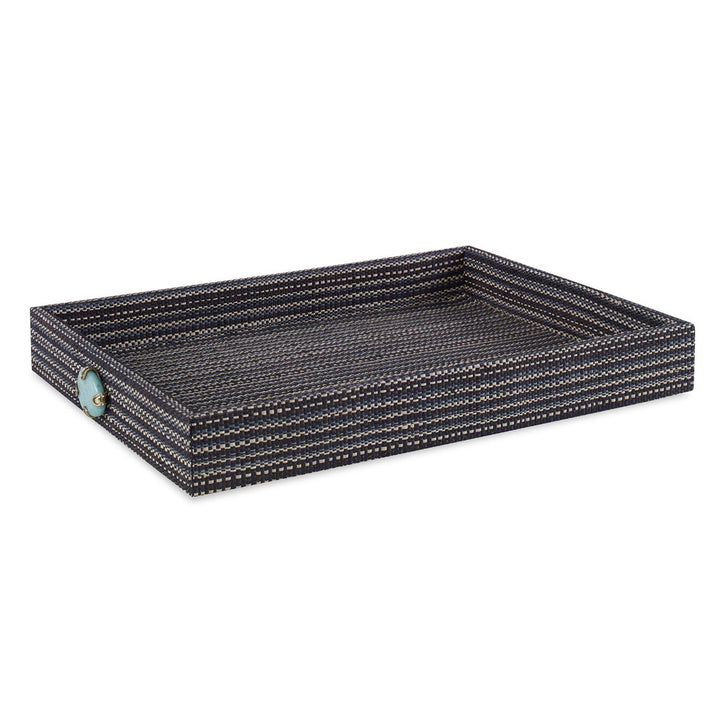 Chatham Tray, Small QR-20799.BLKBLU.0 by CuratedKravet CuratedKravet A decorative tray made of a hand woven, natural plant fiber material detailed with contrasting stripes of creams, blacks, and blues. The tray is adorned with a natural turquoise stone handle on both ends. Philippines DUST LIGHTLY WITH A SOFT, DRY CLOTH. </p><p>Dimensions: Length 16, Height 2, Width 12 - Fabric Carolina -