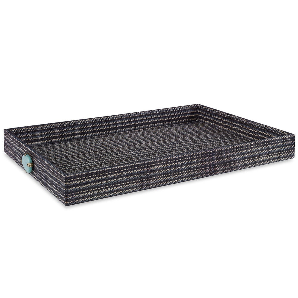 Chatham Tray, Large QR-20800.BLKBLU.0 by CuratedKravet CuratedKravet A decorative tray made of a hand woven, natural plant fiber material detailed with contrasting stripes of creams, blacks, and blues. The tray is adorned with a natural turquoise stone handle on both ends. Philippines DUST LIGHTLY WITH A SOFT, DRY CLOTH. </p><p>Dimensions: Length 20, Height 2, Width 14 - Fabric Carolina -