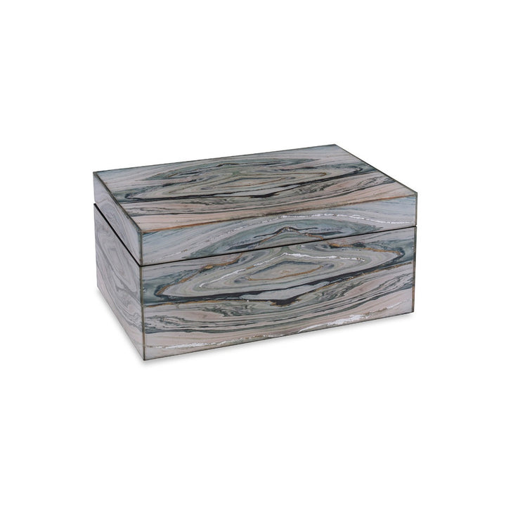 Justin Box, Small QR-20819.MULTSTN.0 by CuratedKravet CuratedKravet A decorative lidded box featuring a faux stone with gold and silver leafing finish. Vietnam DUST LIGHTLY WITH A SOFT, DRY CLOTH. </p><p>Dimensions: Length 9, Height 4, Width 6 Mdf - 90%, Acrylic - 10% - Fabric Carolina -