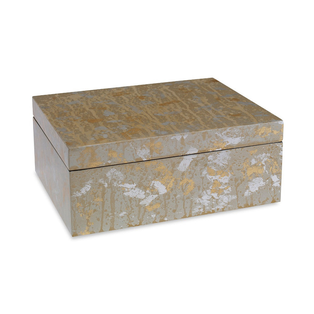Victoria Box, Large QR-20822.GOLDSLVR.0 by CuratedKravet CuratedKravet A decorative lidded box featuring a drip silver and gold leaf lacquer finish. Vietnam Dust lightly with a soft, dry cloth. </p><p>Dimensions: Length 10, Height 4, Width 8 Mdf - 100% - Fabric Carolina -