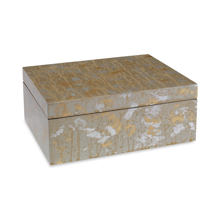 Victoria Box, Large QR-20822.GOLDSLVR.0 by CuratedKravet CuratedKravet A decorative lidded box featuring a drip silver and gold leaf lacquer finish. Vietnam Dust lightly with a soft, dry cloth. </p><p>Dimensions: Length 10, Height 4, Width 8 Mdf - 100% - Fabric Carolina -