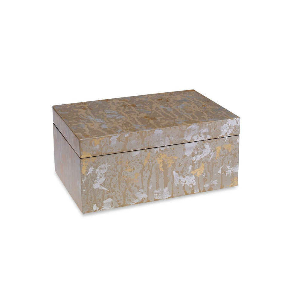 Victoria Box, Small QR-20823.GOLDSLVR.0 by CuratedKravet CuratedKravet A decorative lidded box featuring a drip silver and gold leaf lacquer finish. Vietnam Dust lightly with a soft, dry cloth. </p><p>Dimensions: Length 9, Height 4, Width 6 Mdf - 100% - Fabric Carolina -