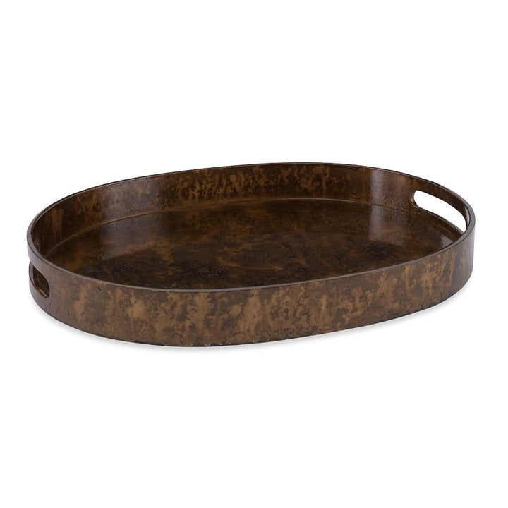 Anthony Tray QR-20827.DRKGOLD.0 by CuratedKravet CuratedKravet An oval lacquer tray featuring a dark gold and burnt leafing finish. Vietnam Dust lightly with a soft, dry cloth. </p><p>Dimensions: Length 18, Height 2, Width 13.5 Mdf - 100% - Fabric Carolina -