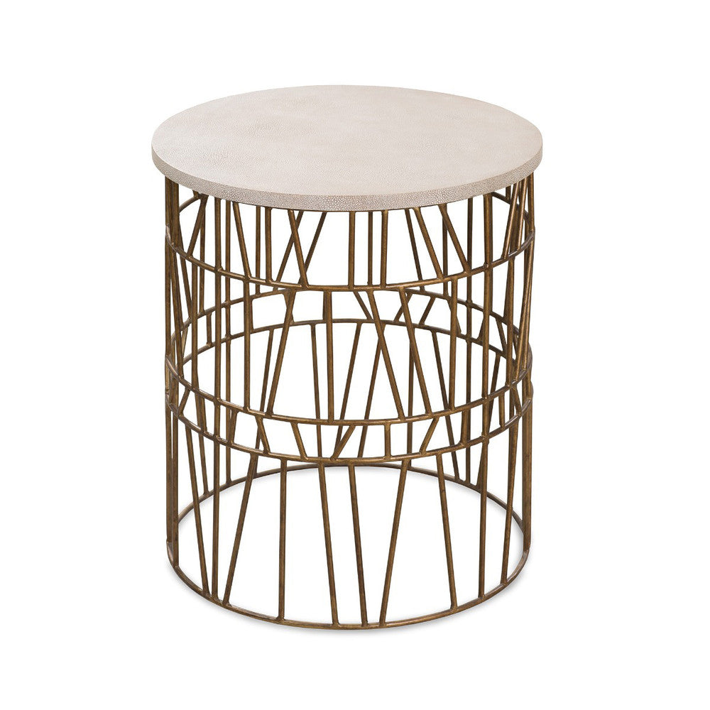 Conklin Side Table QR-20852.ANTBRASS.0 by CuratedKravet CuratedKravet A round antique brass metal side table with an aged whitewashed faux shagreen top. Philippines DUST LIGHTLY WITH A SOFT, DRY CLOTH. </p><p>Dimensions: Length 18, Height 24, Width 18 - Fabric Carolina -