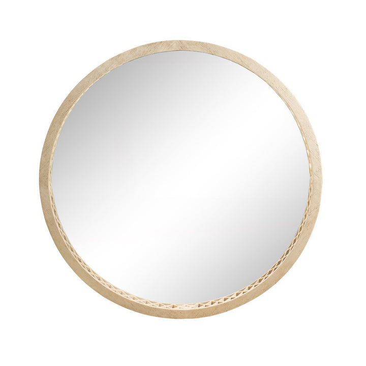 Joan Mirror QR-20854.WHTWASH.0 by CuratedKravet CuratedKravet A circular embeded mirror with a white washed finish, featuring a wire brushed mahogany frame. With corrugated diamond-like detail on the inside of the frame, and metal triangle-type hanging hardware. Philippines WIPE WITH DRY CLOTH </p><p>Dimensions: Length 42, Height 42, Width 3.25 Glass - 75%, Wood - 25% - Fabric Carolina -