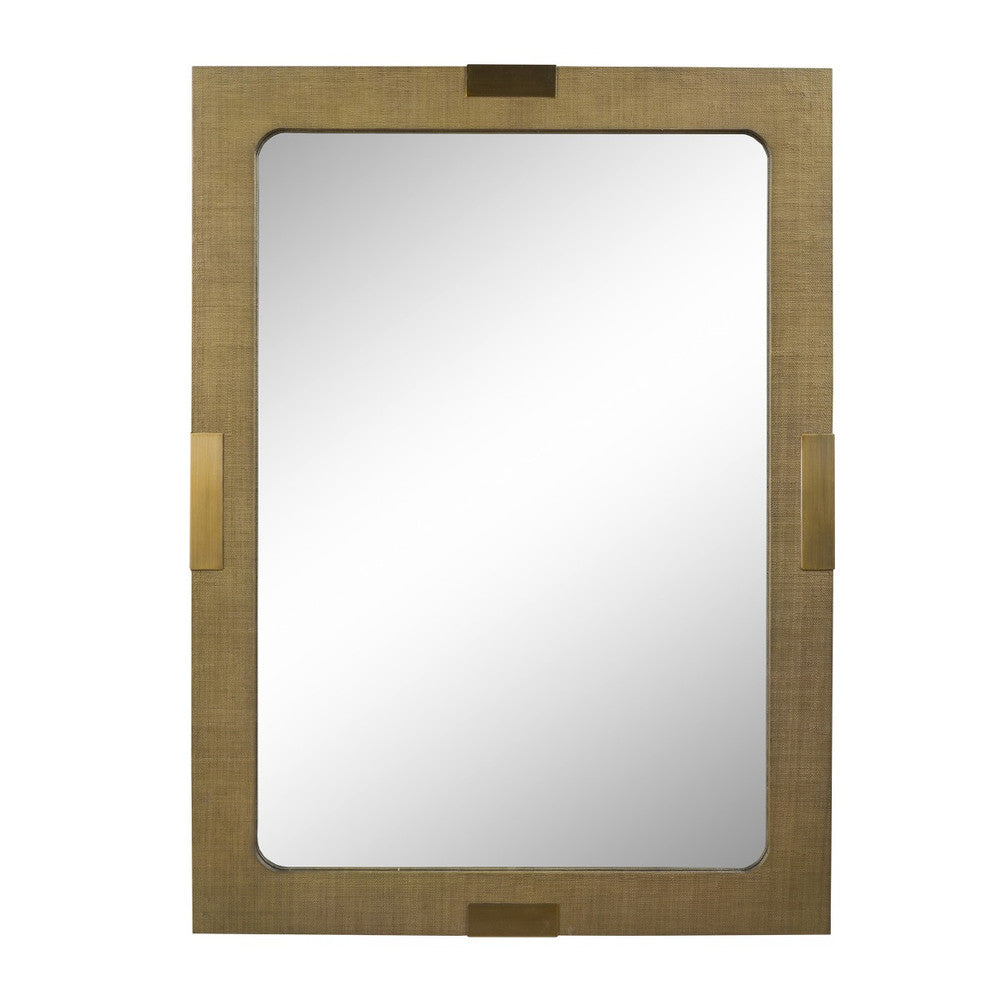 Megan Mirror QR-20856.DRKGRAY.0 by CuratedKravet CuratedKravet A rectangle mirror with a dark grey raffia finish, featuring light antique brass embellishments on the edges, and metal triangle-type hanging hardware. Philippines WIPE SURFACE WITH DRY CLOTH </p><p>Dimensions: Length 28.25, Height 38.25, Width 1.5 Glass - 75%, Raffia - 25% - Fabric Carolina -