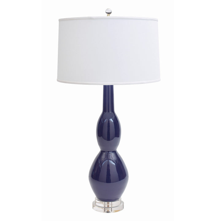 Marilyn Table Lamp QR-20858.EMPBLUE.0 by CuratedKravet CuratedKravet Part of the Jan Showers for Kravet collection. A unique double gourd ceramic table lamp detailed with a clear acrylic base, topped with an ivory linen shade. United States DUST LIGHTLY WITH A SOFT, DRY CLOTH. </p><p>Dimensions: Length 19, Height 33.5, Width 19 Ceramic - 65%, Linen - 30%, Acrylic - 5% - Fabric Carolina -