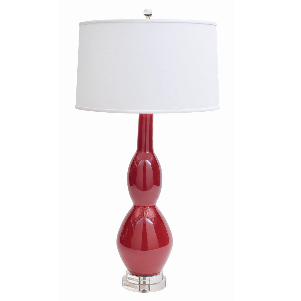 Marilyn Table Lamp QR-20858.OXBLOOD.0 by CuratedKravet CuratedKravet Part of the Jan Showers for Kravet collection. A unique double gourd ceramic table lamp detailed with a clear acrylic base, topped with an ivory linen shade. United States DUST LIGHTLY WITH A SOFT, DRY CLOTH. </p><p>Dimensions: Length 19, Height 33.5, Width 19 Ceramic - 65%, Linen - 30%, Acrylic - 5% - Fabric Carolina -