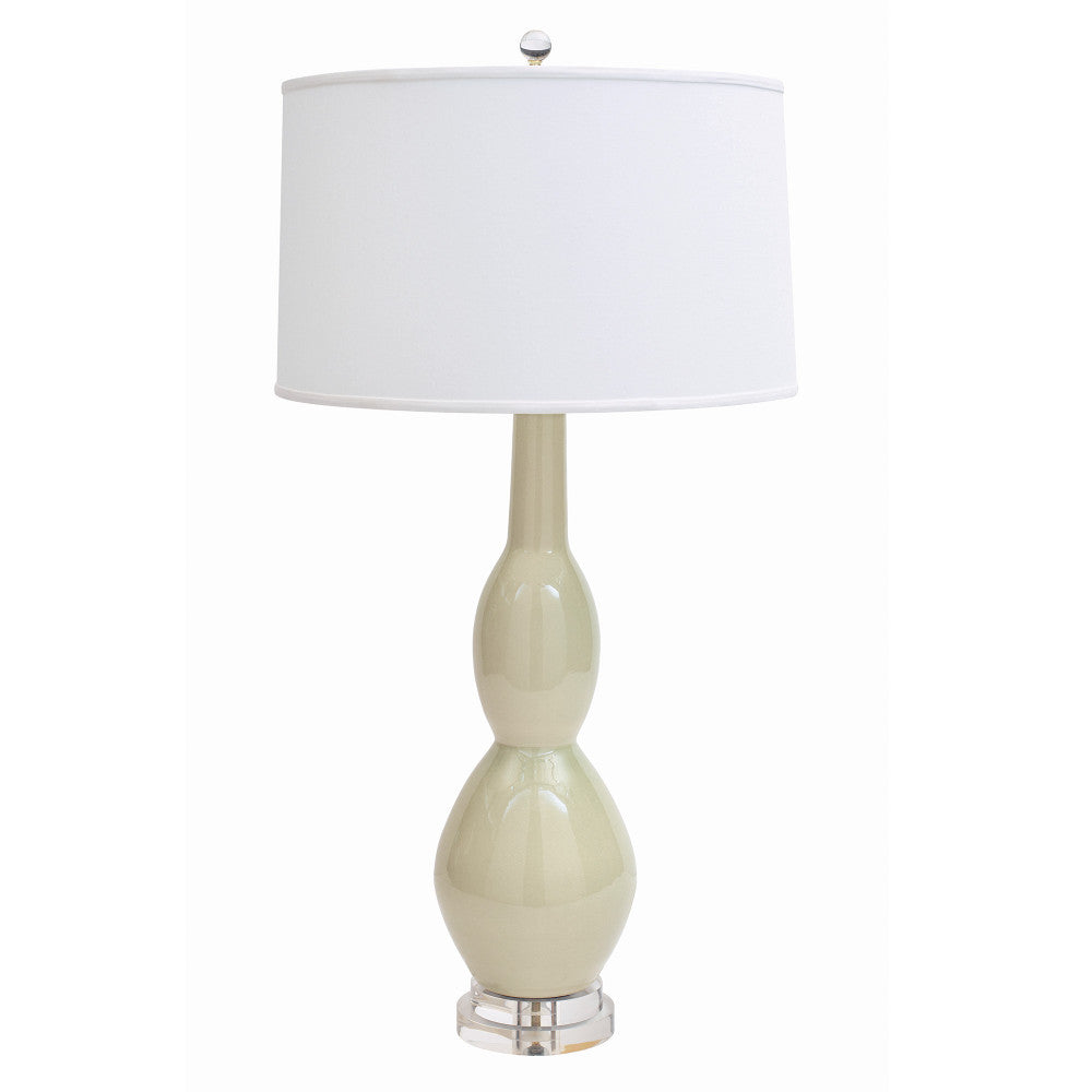 Marilyn Table Lamp QR-20858.SAGECRCKL.0 by CuratedKravet CuratedKravet Part of the Jan Showers for Kravet collection. A unique double gourd ceramic table lamp detailed with a clear acrylic base, topped with an ivory linen shade. United States DUST LIGHTLY WITH A SOFT, DRY CLOTH. </p><p>Dimensions: Length 19, Height 33.5, Width 19 Ceramic - 65%, Linen - 30%, Acrylic - 5% - Fabric Carolina -