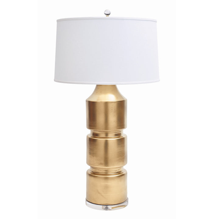 Milan Table Lamp QR-20859.GOLD.0 by CuratedKravet CuratedKravet Part of the Jan Showers for Kravet collection. A banded ceramic table lamp detailed with a clear acrylic base, topped with an ivory linen shade. United States DUST LIGHTLY WITH A SOFT, DRY CLOTH. </p><p>Dimensions: Length 19, Height 33.5, Width 19 Ceramic - 65%, Linen - 30%, Acrylic - 5% - Fabric Carolina -