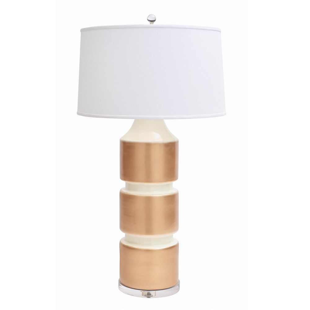 Milan Table Lamp QR-20859.IVRYGOLD.0 by CuratedKravet CuratedKravet Part of the Jan Showers for Kravet collection. A banded ceramic table lamp detailed with a clear acrylic base, topped with an ivory linen shade. United States DUST LIGHTLY WITH A SOFT, DRY CLOTH. </p><p>Dimensions: Length 19, Height 33.5, Width 19 Ceramic - 65%, Linen - 30%, Acrylic - 5% - Fabric Carolina -