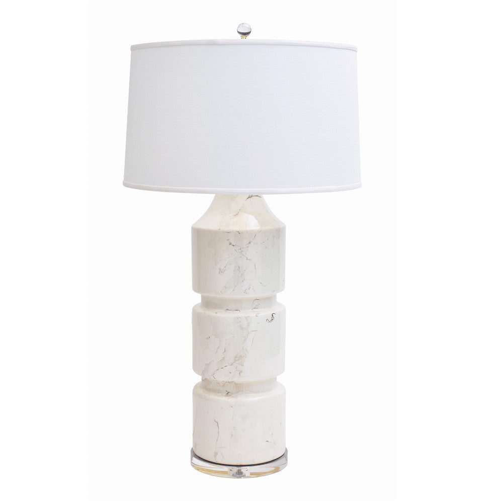 Milan Table Lamp QR-20859.PALLADIUM.0 by CuratedKravet CuratedKravet Part of the Jan Showers for Kravet collection. A banded ceramic table lamp detailed with a clear acrylic base, topped with an ivory linen shade. United States DUST LIGHTLY WITH A SOFT, DRY CLOTH. </p><p>Dimensions: Length 19, Height 33.5, Width 19 Ceramic - 65%, Linen - 30%, Acrylic - 5% - Fabric Carolina -