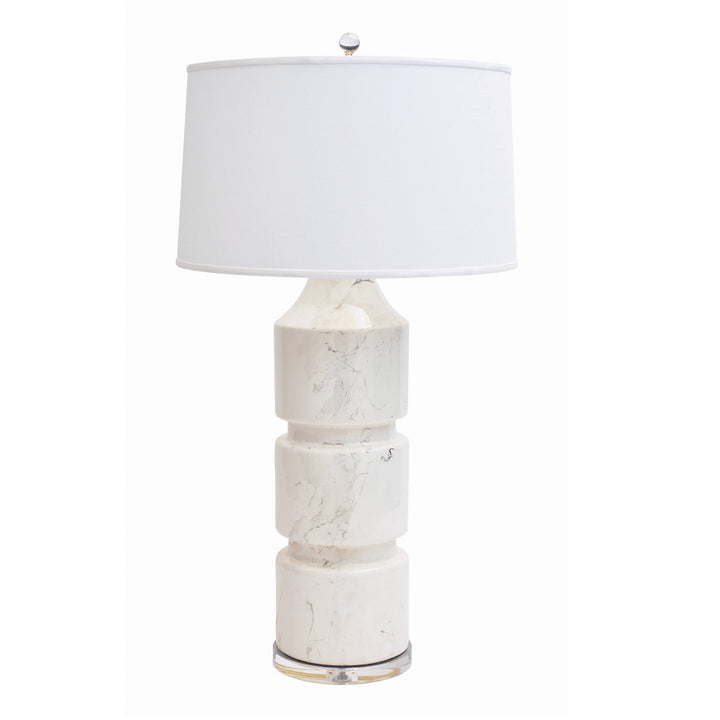 Milan Table Lamp QR-20859.PALLADIUM.0 by CuratedKravet CuratedKravet Part of the Jan Showers for Kravet collection. A banded ceramic table lamp detailed with a clear acrylic base, topped with an ivory linen shade. United States DUST LIGHTLY WITH A SOFT, DRY CLOTH. </p><p>Dimensions: Length 19, Height 33.5, Width 19 Ceramic - 65%, Linen - 30%, Acrylic - 5% - Fabric Carolina -