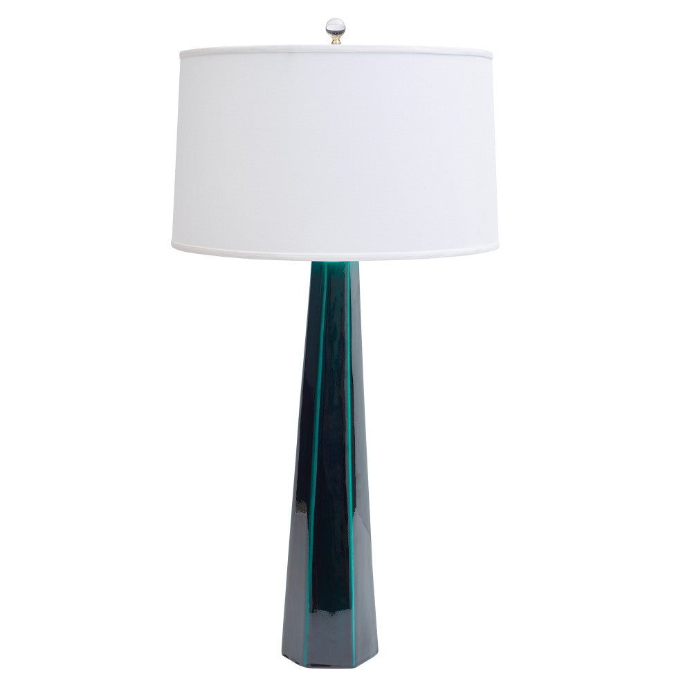 Luxor Table Lamp QR-20860.EMERALD.0 by CuratedKravet CuratedKravet Part of the Jan Showers for Kravet collection. A unique ceramic column table lamp topped with an ivory linen shade. United States DUST LIGHTLY WITH A SOFT, DRY CLOTH. </p><p>Dimensions: Length 19, Height 36.5, Width 19 Ceramic - 70%, Linen - 30% - Fabric Carolina -