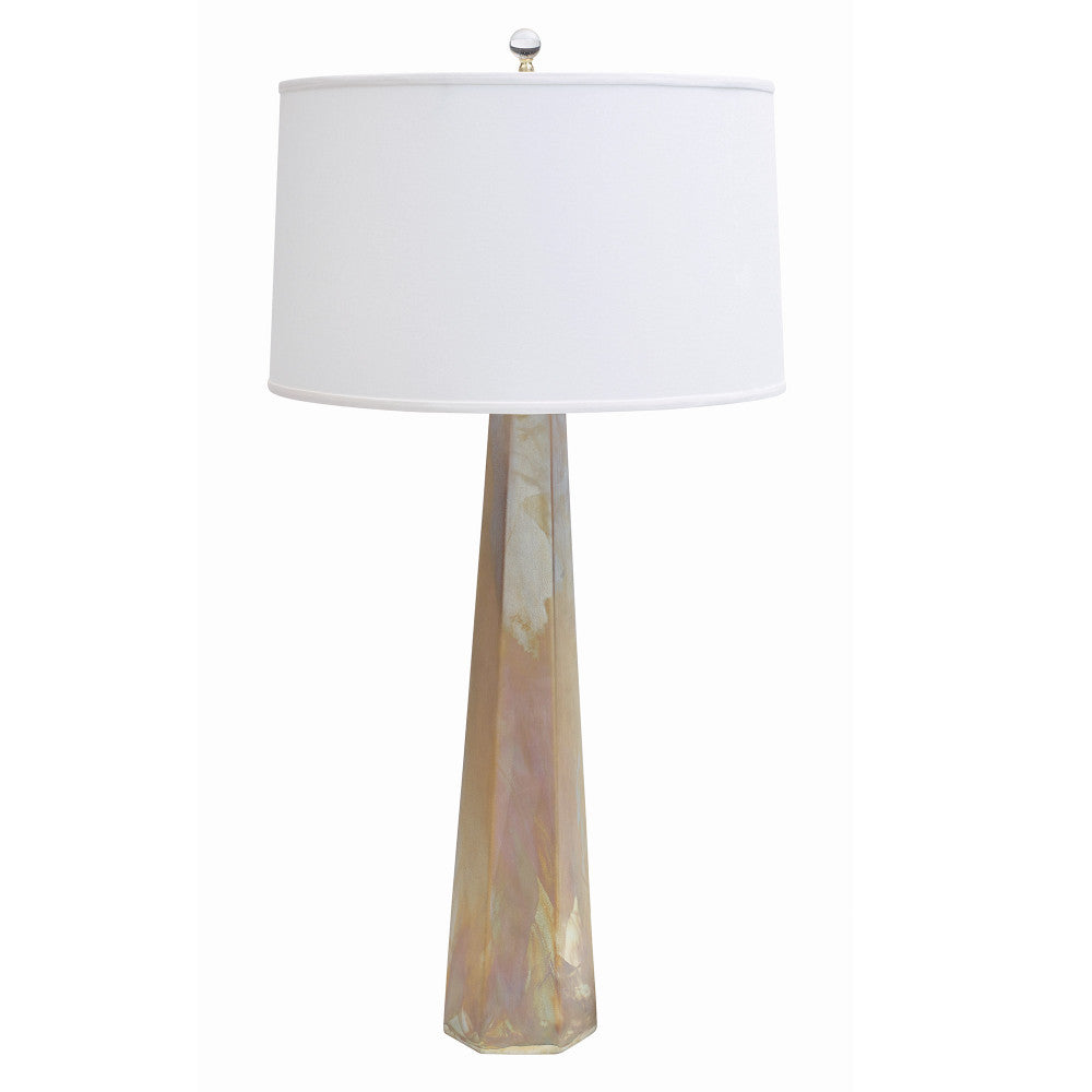 Luxor Table Lamp QR-20860.GLDNRAKU.0 by CuratedKravet CuratedKravet Part of the Jan Showers for Kravet collection. A unique ceramic column table lamp topped with an ivory linen shade. United States DUST LIGHTLY WITH A SOFT, DRY CLOTH. </p><p>Dimensions: Length 19, Height 36.5, Width 19 Ceramic - 70%, Linen - 30% - Fabric Carolina -