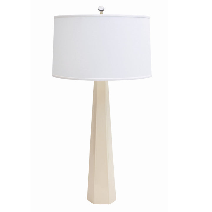 Luxor Table Lamp QR-20860.IVORY.0 by CuratedKravet CuratedKravet Part of the Jan Showers for Kravet collection. A unique ceramic column table lamp topped with an ivory linen shade. United States DUST LIGHTLY WITH A SOFT, DRY CLOTH. </p><p>Dimensions: Length 19, Height 36.5, Width 19 Ceramic - 70%, Linen - 30% - Fabric Carolina -