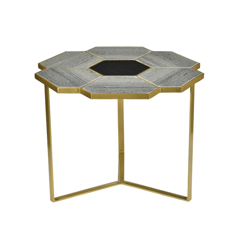 Abbett Side Table QR-20921.BRSGRYBLK.0 by CuratedKravet CuratedKravet An iron and marble side table featuring a brass finish and a playful geometric shape. India Dust lightly with a soft, dry cloth. </p><p>Dimensions: Length 22, Height 18, Width 22 - Fabric Carolina -