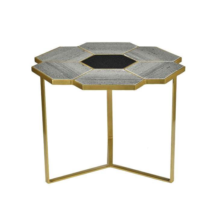 Abbett Side Table QR-20921.BRSGRYBLK.0 by CuratedKravet CuratedKravet An iron and marble side table featuring a brass finish and a playful geometric shape. India Dust lightly with a soft, dry cloth. </p><p>Dimensions: Length 22, Height 18, Width 22 - Fabric Carolina -