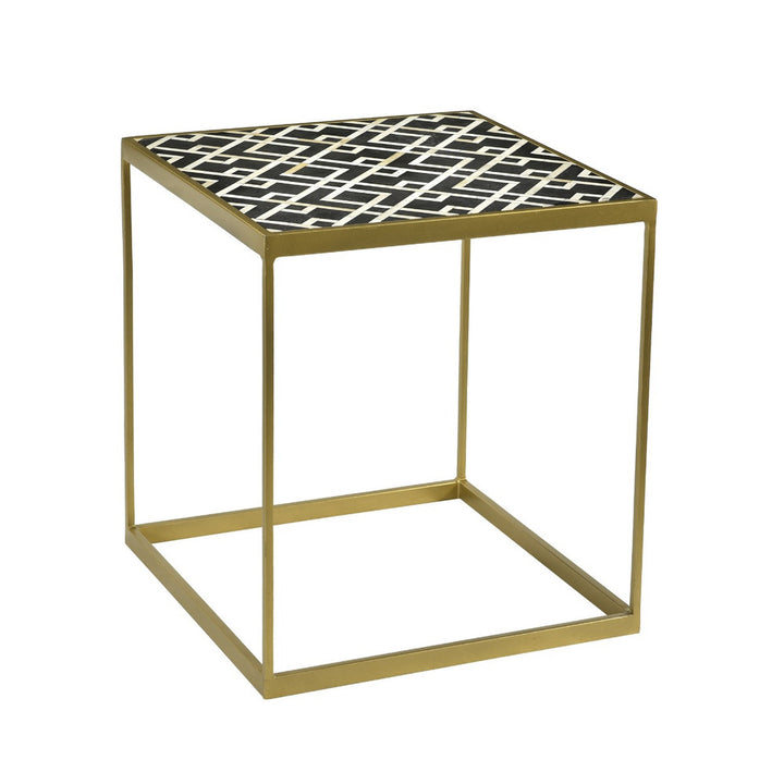 Boyd Side Table QR-20923.BRSBLKWHT.0 by CuratedKravet CuratedKravet A brass colored iron side table topped with patterend bone and resin black and white table top. India Dust lightly with a soft, dry cloth. </p><p>Dimensions: Length 18, Height 20, Width 18 - Fabric Carolina -