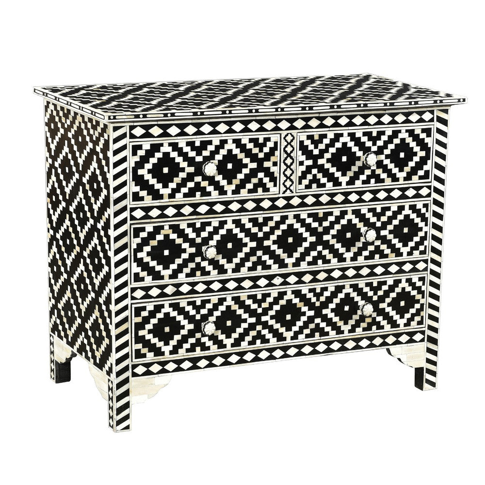 Burma Chest QR-20924.BLKWHT.0 by CuratedKravet CuratedKravet A chest of four drawers featuring an all-over black and white bone inlay and resin design. India Dust lightly with a soft, dry cloth. </p><p>Dimensions: Length 41, Height 31, Width 19 - Fabric Carolina -