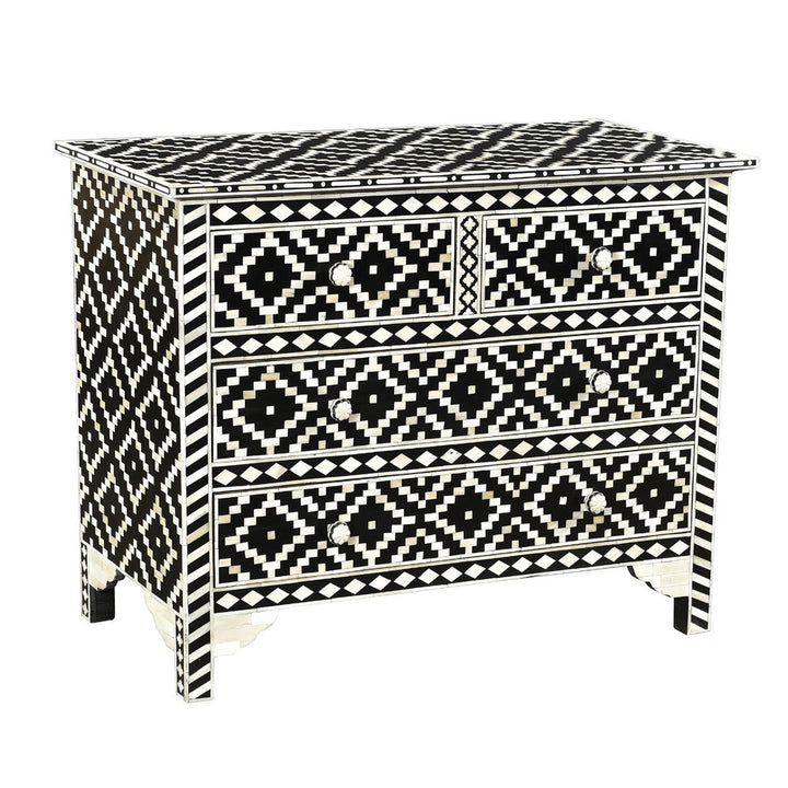 Burma Chest QR-20924.BLKWHT.0 by CuratedKravet CuratedKravet A chest of four drawers featuring an all-over black and white bone inlay and resin design. India Dust lightly with a soft, dry cloth. </p><p>Dimensions: Length 41, Height 31, Width 19 - Fabric Carolina -