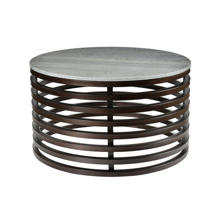 Baldwin Coffee Table QR-20926.NATGRAY.0 by CuratedKravet CuratedKravet A round iron coffee table featuring a rustic bronze finish. Topped with natural gray marble. India Dust lightly with a soft, dry cloth. </p><p>Dimensions: Length 30, Height 18, Width 30 - Fabric Carolina -
