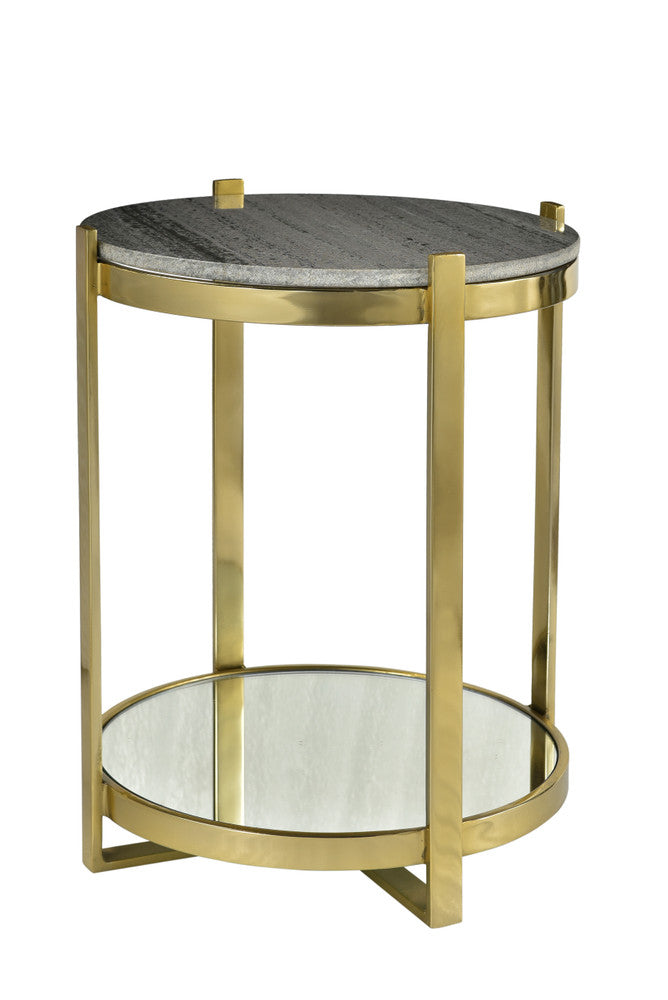 Cavallo Side Table QR-20927.BRSSGRAY.0 by CuratedKravet CuratedKravet An antique brass iron side table featuring a gray marble top and a mirrored glass bottom shelf. India Dust lightly with a soft, dry cloth. </p><p>Dimensions: Length 18, Height 22, Width 18 - Fabric Carolina -